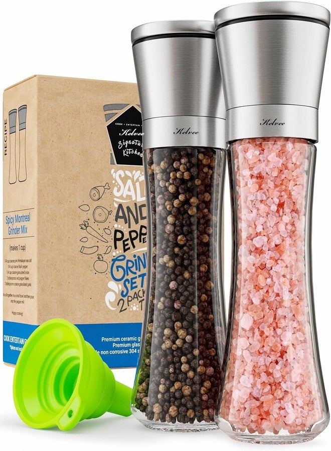 KELVEE طقم مطحنة ملح وفلفل بحر من الفولاذ المقاوم للصدأ الممتاز من KELVEE مكون من قطعتين - شفرات سيراميك، خشونة قابلة للتعديل، هزازات ملح وفلفل زجاجية طويلة قابلة لإعادة التعبئة - مطحنة توابل للمطبخ (عبوة يدوية من قطعتين) - Image 1